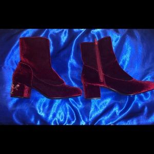 Red velvet ankle booties